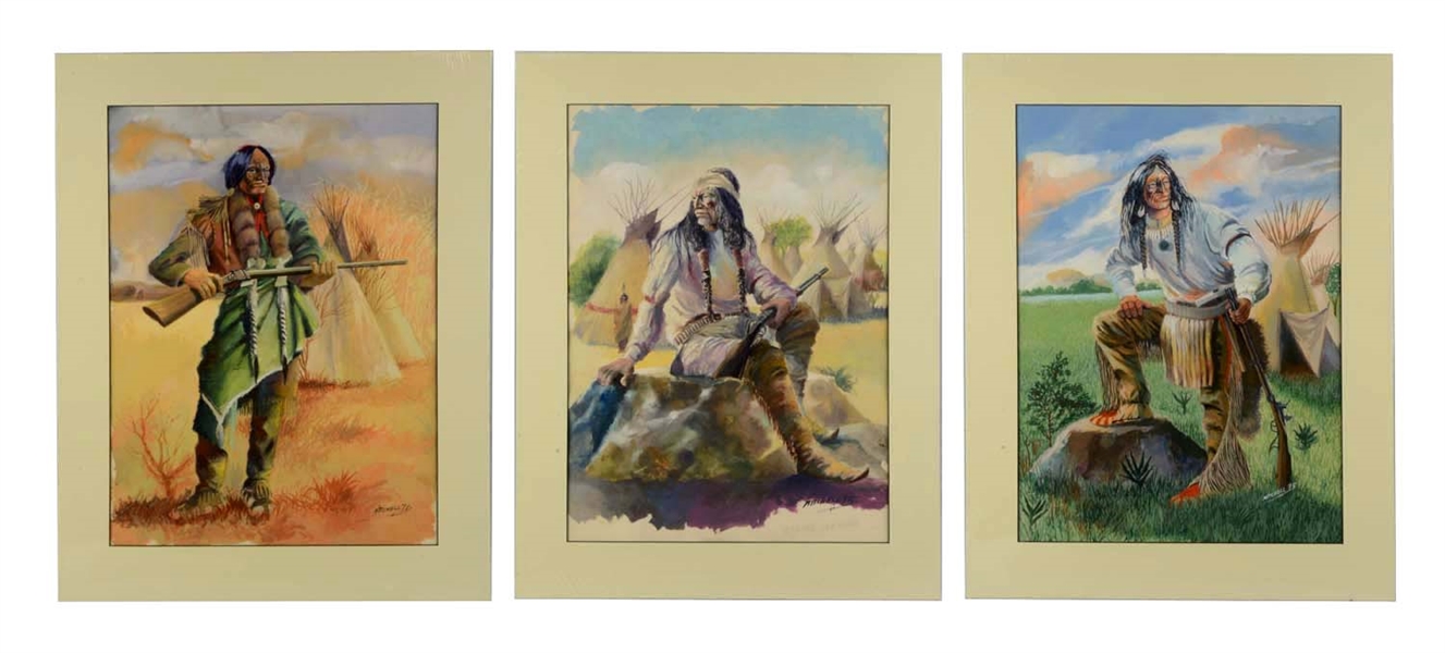 LOT OF 3: APACHE WARRIOR PAINTINGS SIGNED BY MITCHELL. 
