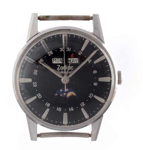 VINTAGE ZODIAC STAINLESS STEEL AUTOMATIC DAY-DATE MONTH MOONPHASE WRISTWATCH MODEL NUMBER 742-908.