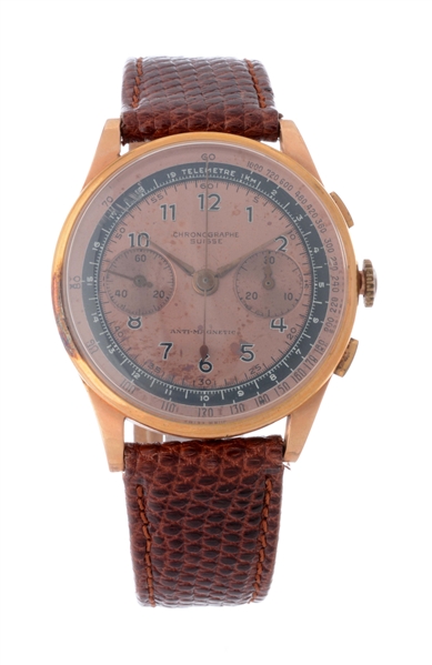 UNMARKED ROSE GOLD FILLED CHRONOGRAPHE SUISSE ANIT-MAGNETIC CHRONOGRAPH STRAP WRISTWATCH MODEL NUMBER 97222.