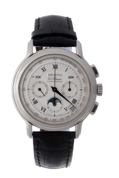 ZENITH EL PRIMERO STAINLESS STEEL CHRONOGRAPH DAY-DATE MONTH JUMP HOUR MOONPHASE WRISTWATCH MODEL NUMBER 01 0240 410.