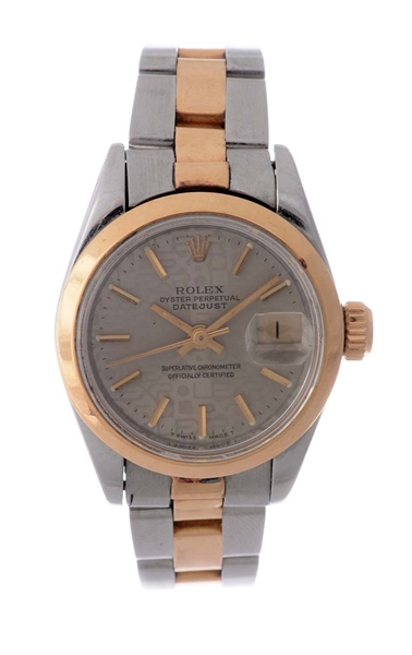 LADIES ROLEX 18K YELLOW GOLD AND STAINLESS STEEL DATEJUST WRISTWATCH MODEL NUMBER 69173.