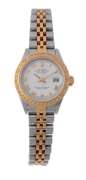 ROLEX 18K YELLOW GOLD AND STAINLESS STEEL LADIES CUSTOM DIAMOND SET WRISTWATCH MODEL NUMBER 79173.