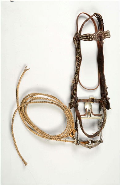OUTSTANDING SPOTTED TEXAS STAR CONCHA BRIDLE WITH RAWHIDE REINS AND SILVER MARKED BIT.