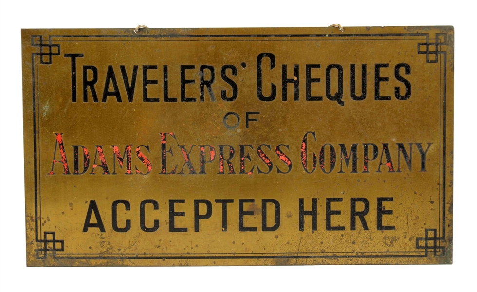 ADAMS EXPRESS COMPANY TRAVELERS CHEQUES BRASS SIGN.