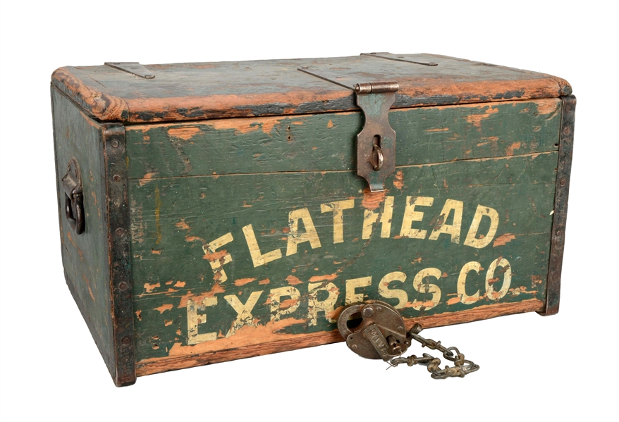 FLATHEAD EXPRESS CO. WOOD STRONG BOX & WELLS FARGO PADLOCK.
