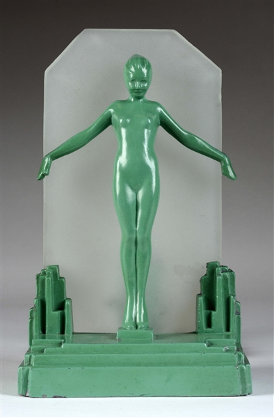 FRANKART GREEN METAL & FROSTED GLASS "SILHOUETTE" LAMP.