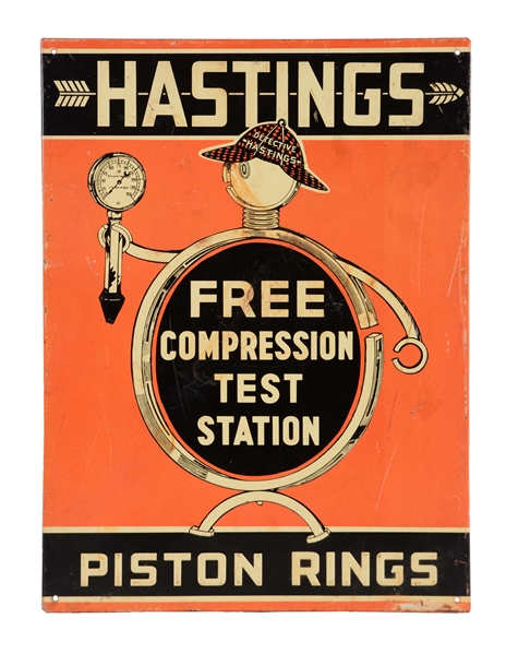 HASTINGS PISTON RINGS EMBOSSED TIN SIGN.