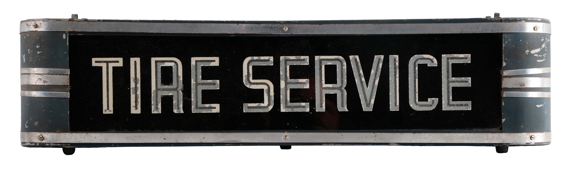 TIRE SERVICE REVERSE GLASS LIGHT UP SIGN IN METAL CASE.