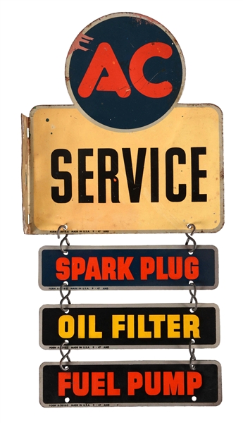 AC SPARK PLUG, OIL FILTER & FUEL PUMP SERVICE TIN FLANGE SIGN.
