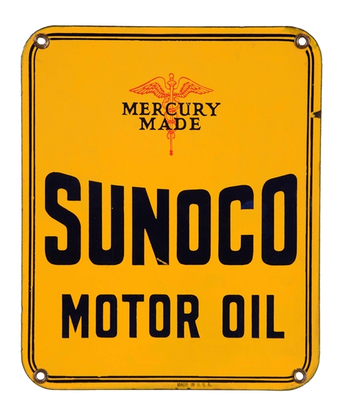 SUNOCO MERCURY MADE MOTOR OIL PORCELAIN SIGN.