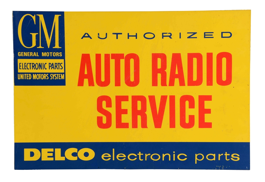 GENERAL MOTORS AUTO RADIO SERVICE TIN FLANGE SIGN.