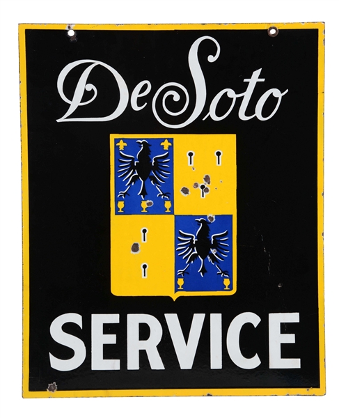 DESOTO SERVICE PORCELAIN SIGN WITH CREST LOGO.