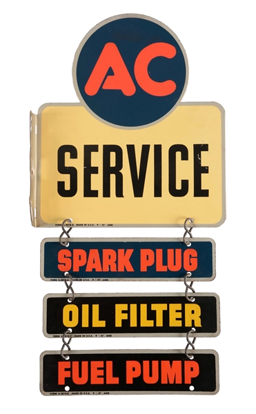 AC SPARK PLUG, OIL FILTER & FUEL PUMP TIN SERVICE SIGN.