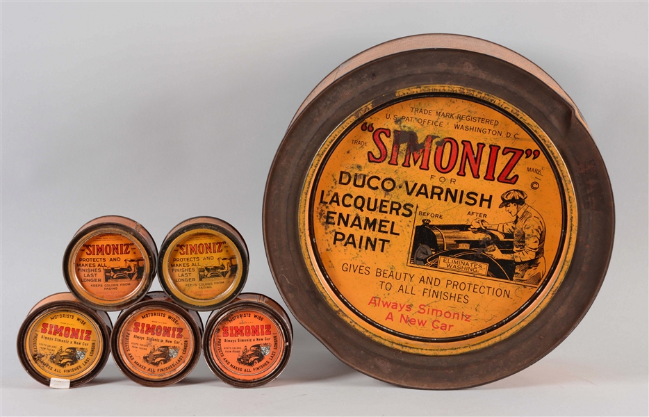 LARGE SIMONIZ ENAMEL & LACQUER CAN STORE DISPLAY WITH FIVE SMALL SIMONIZ PRODUCT CANS.