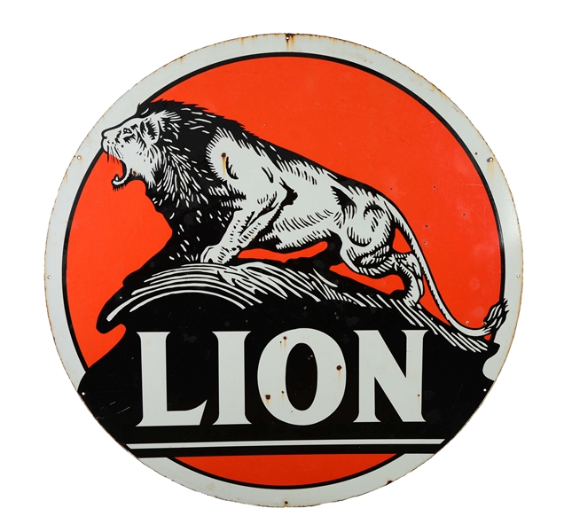 PORCELAIN LION GASOLINE SERVICE STATION SIGN.