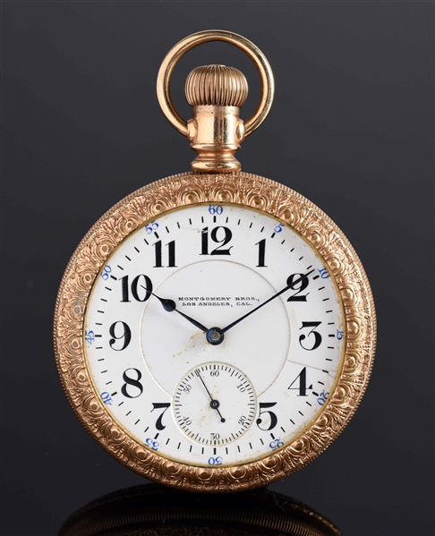 WALTHAM FOR MONTGOMERY BROS. LOS ANGELES GOLD FILLED O/F POCKET WATCH.