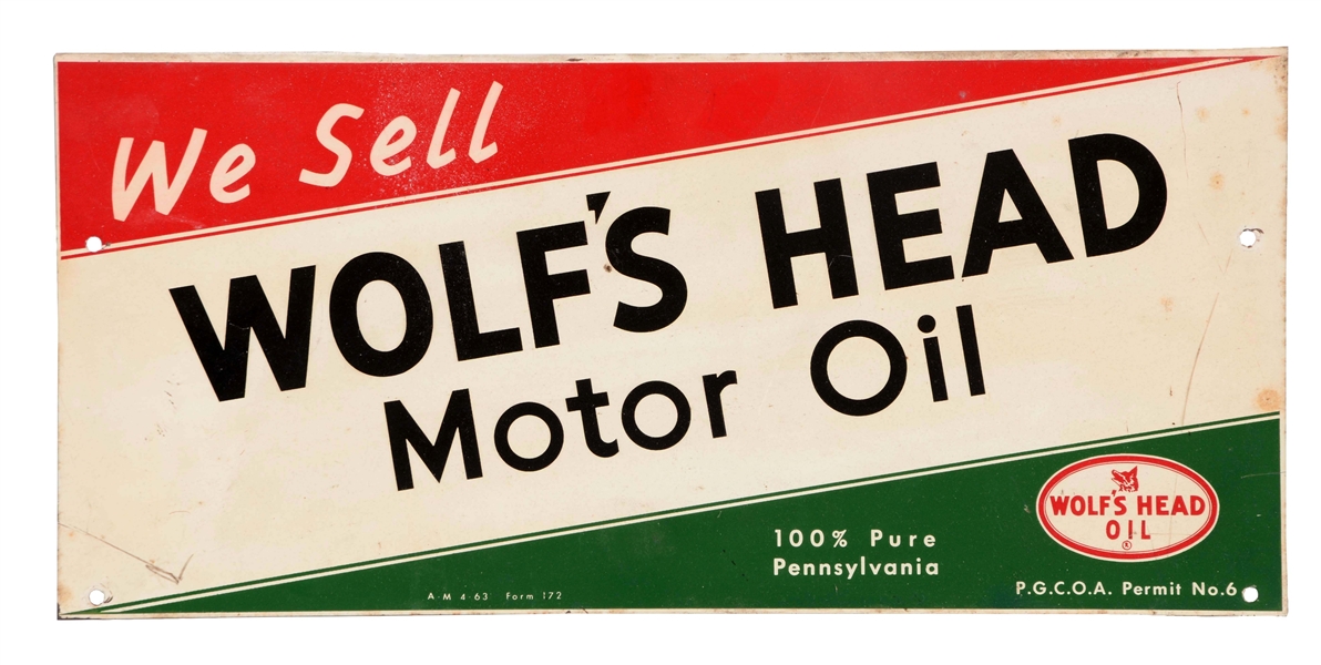 WOLFS HEAD MOTOR OIL TIN RACK SIGN.