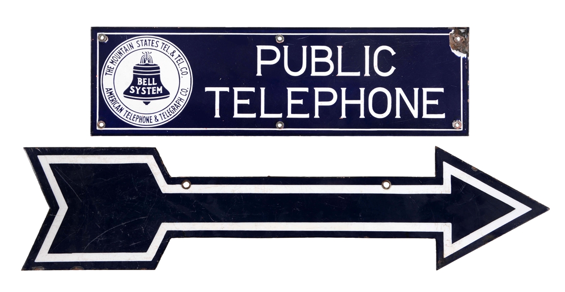 LOT OF 2: PUBLIC TELEPHONE PORCELAIN SIGN & PORCELAIN DIECUT ARROW SIGN.
