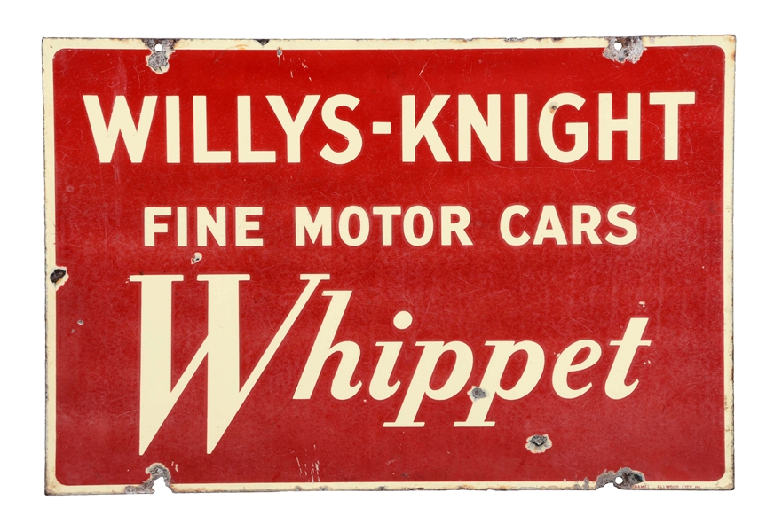 WILLYS KNIGHT & WHIPPET MOTOR CARS DEALERSHIP SIGN.