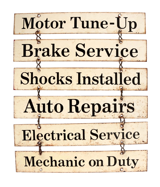 GROUP OF 6: MOTOR TUNE UP & SERVICE STATION TIN SIGNS ON CHAIN.