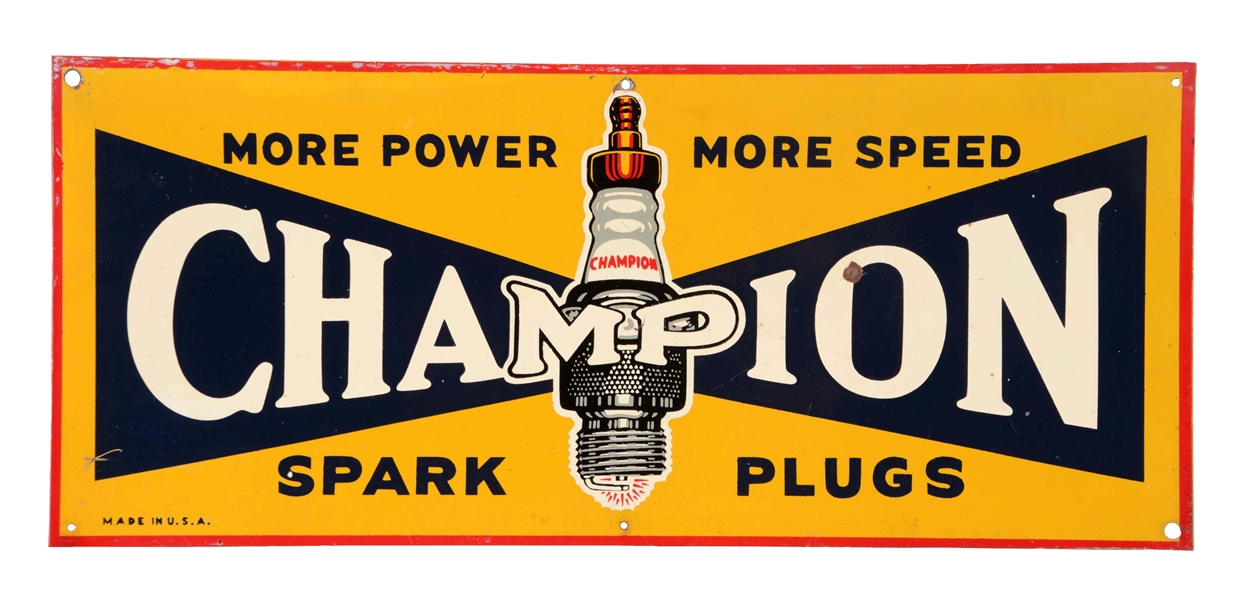 CHAMPION SPARK PLUGS WITH SPARK PLUG GRAPHIC TIN SIGN.