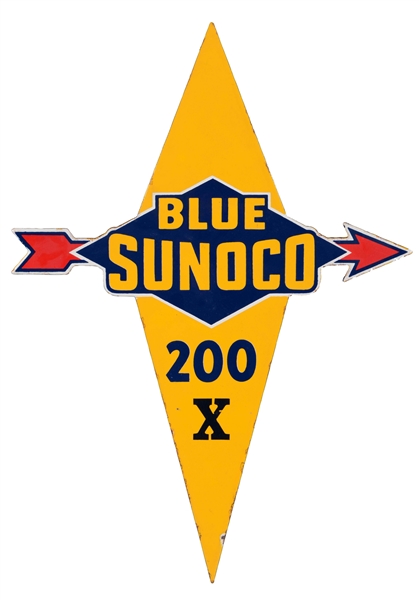 BLUE SUNOCO 200 X PORCELAIN DIECUT PUMP PLATE.