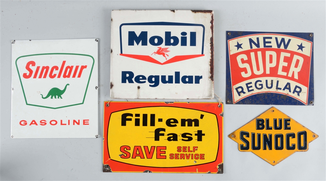 LOT OF 5: PORCELAIN & TIN GAS PUMP PLATE SIGNS.