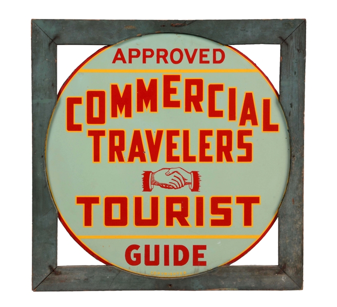 COMMERCIAL TRAVELERS TOURIST GUIDE TIN SIGN IN WOOD FRAME.