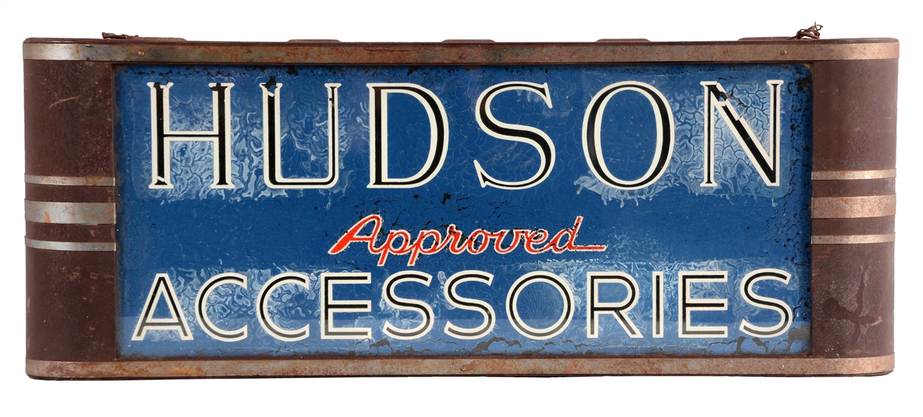 HUDSON APPROVED ACCESSORIES REVERSE PAINTED GLASS LIGHT UP STORE DISPLAY SIGN.