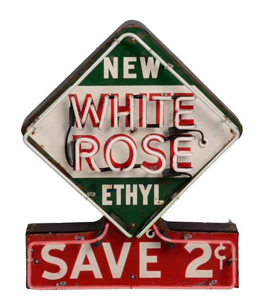 WHITE ROSE ETHYL GASOLINE TIN SIGN WITH ADDED NEON.