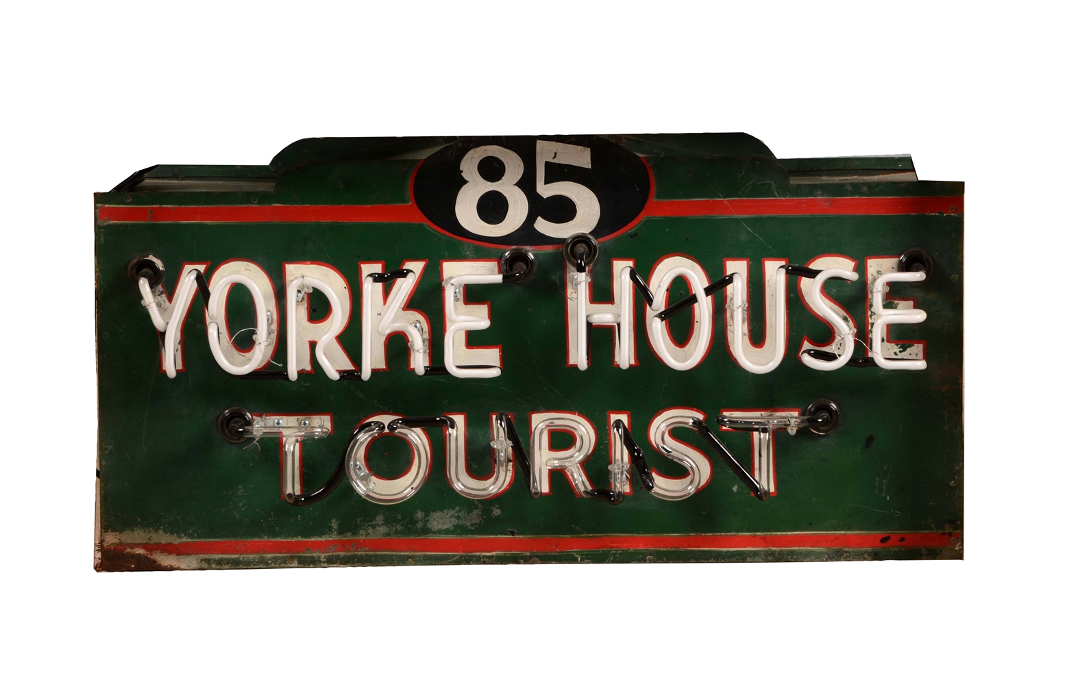 YORKE HOUSE TOURIST TIN NEON SIGN ON ORIGINAL CAN.