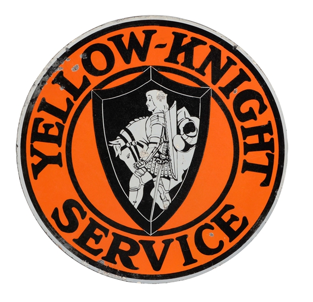 YELLOW KNIGHT SERVICE PORCELAIN SIGN WITH KNIGHT GRAPHIC.