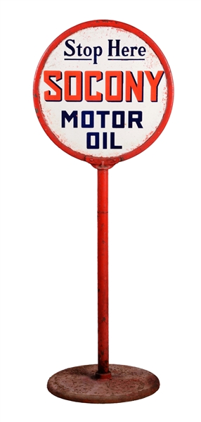 STOP HERE FOR SOCONY MOTOR OIL PORCELAIN LOLLIPOP SIGN.