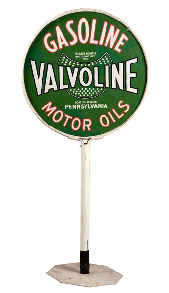 VALVOLINE GASOLINE & MOTOR OILS PORCELAIN SIGN ON IRON BASE.