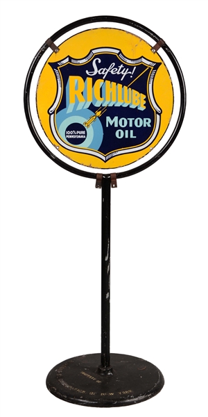 RICHLUBE MOTOR OIL PORCELAIN LOLLIPOP SIGN WITH RACE CAR GRAPHIC.