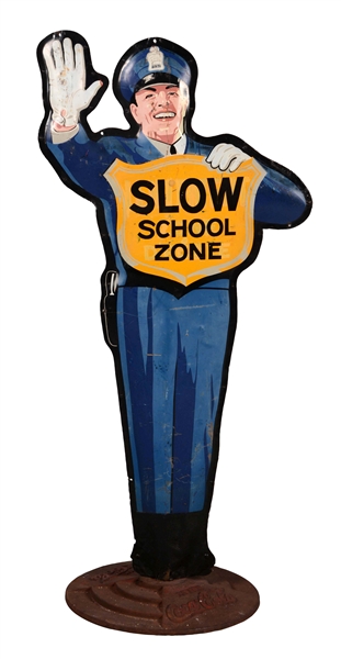 COCA-COLA SLOW FOR THE SCHOOL ZONE EMBOSSED TIN CURB SIGN.