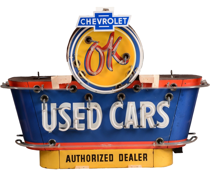 OK USED CARS NEON PORCELAIN SIGN.