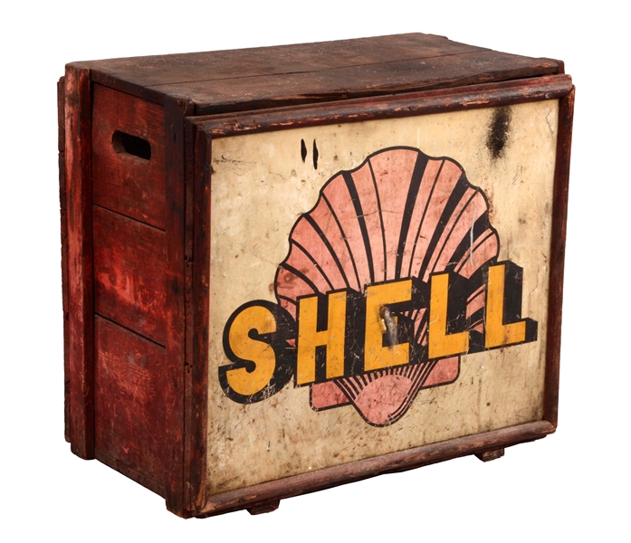 SHELL GASOLINE WOODEN OIL CAN CRATE.
