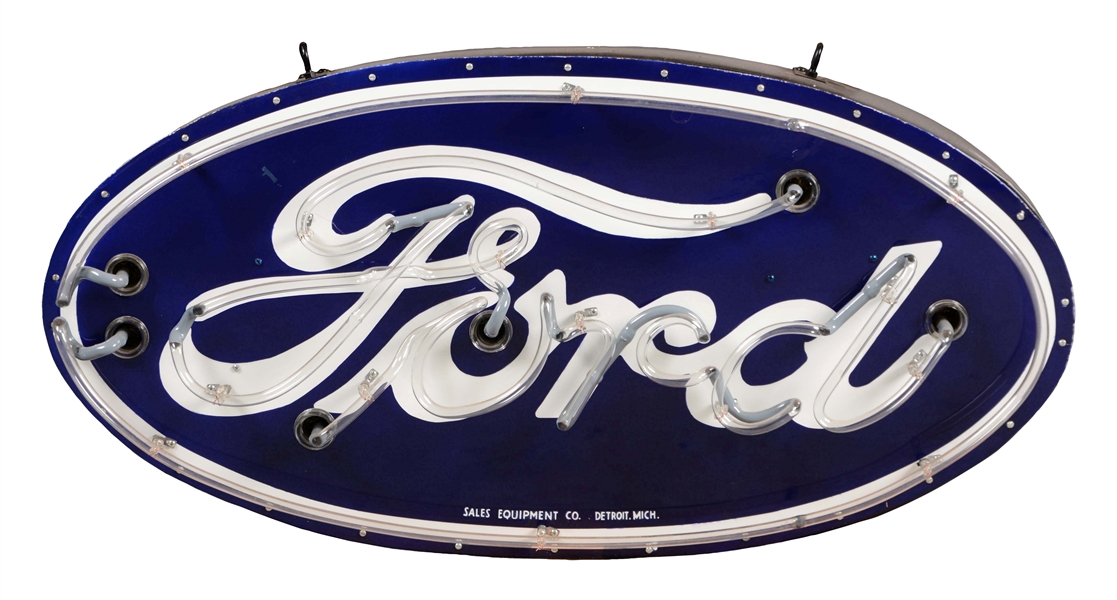 RESTORED FORD PORCELAIN OVAL NEON SIGN ON METAL CAN.