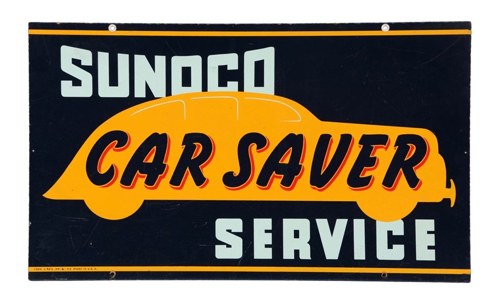 SUNOCO CAR SAVER SERVICE MASONITE SIGN WITH CAR GRAPHICS.