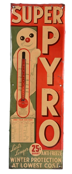 SUPER PYRO ANTIFREEZE WITH SNOWMAN GRAPHICS SELF FRAMED TIN SIGN.