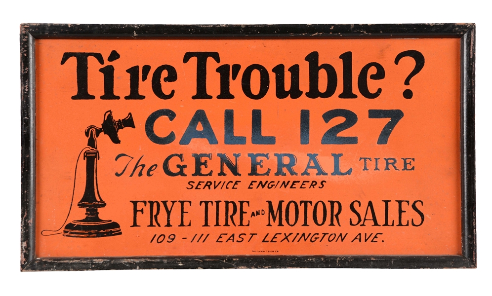 THE GENERAL TIRE COMPANY MASONITE SIGN WITH ORIGINAL WOOD FRAME.