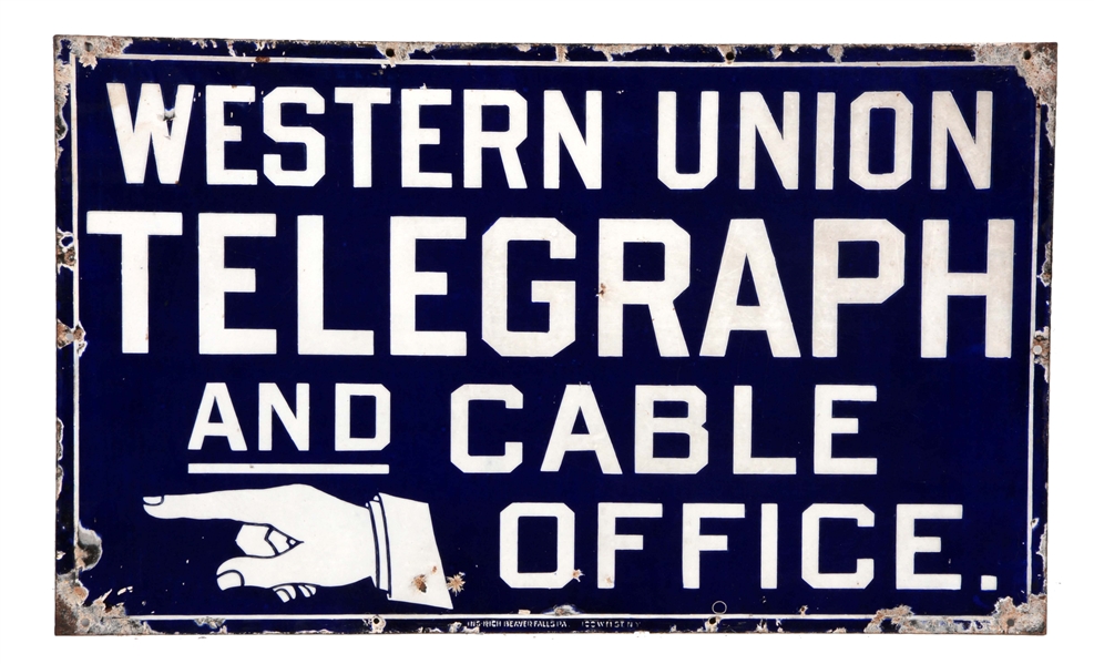 WESTERN UNION TELEGRAPH & CABLE OFFICE PORCELAIN SIGN.
