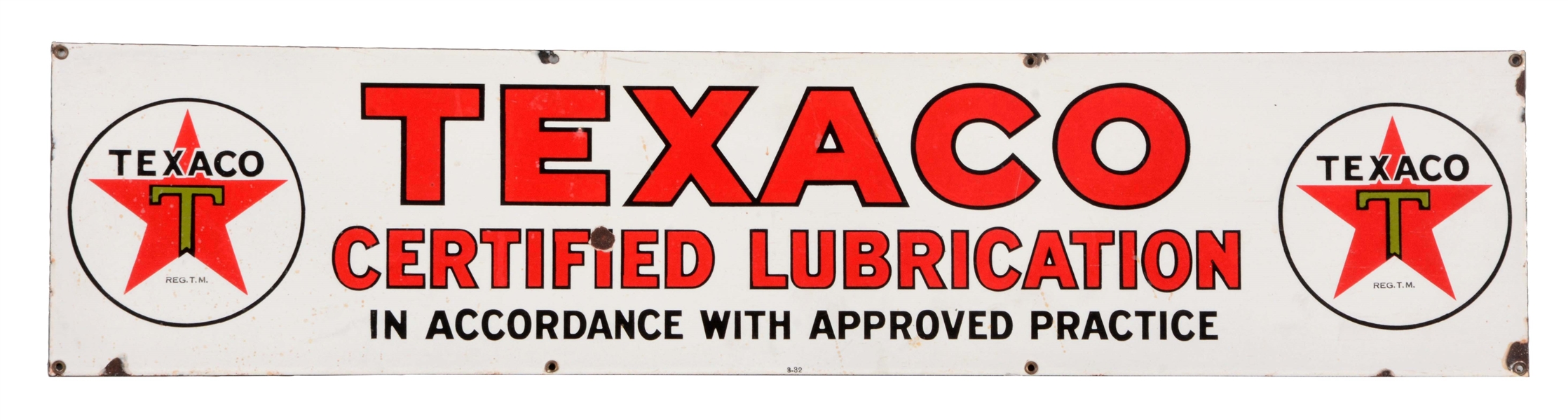 TEXACO CERTIFIED LUBRICATION PORCELAIN STRIP SIGN.