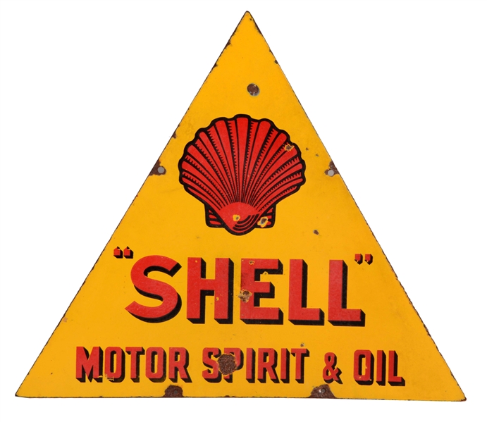 SHELL MOTOR SPIRIT & OIL PORCELAIN TRIANGLE SIGN.