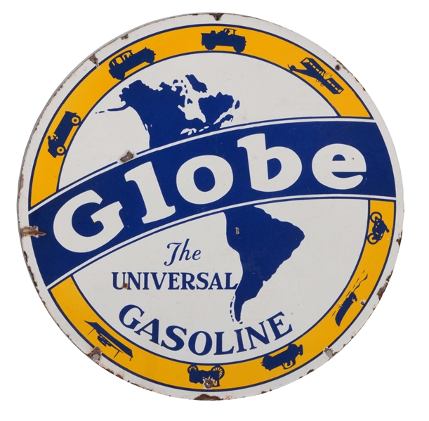 GLOBE GASOLINE PORCELAIN SIGN WITH GLOBE AND TRANSPORTATION GRAPHICS.