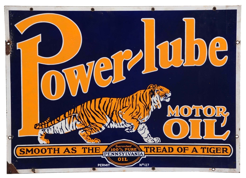 POWERLUBE MOTOR OIL PORCELAIN SIGN WITH TIGER GRAPHIC.