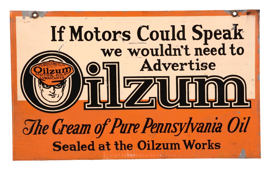 OILZUM MOTOR OIL TIN SIGN WITH OSWALD GRAPHIC.