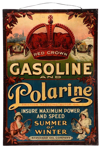 RED CROWN & POLARINE SUMMER OR WINTER DOUBLE SIDED TIN SIGN WITH CAR & DRIVING GRAPHIC.