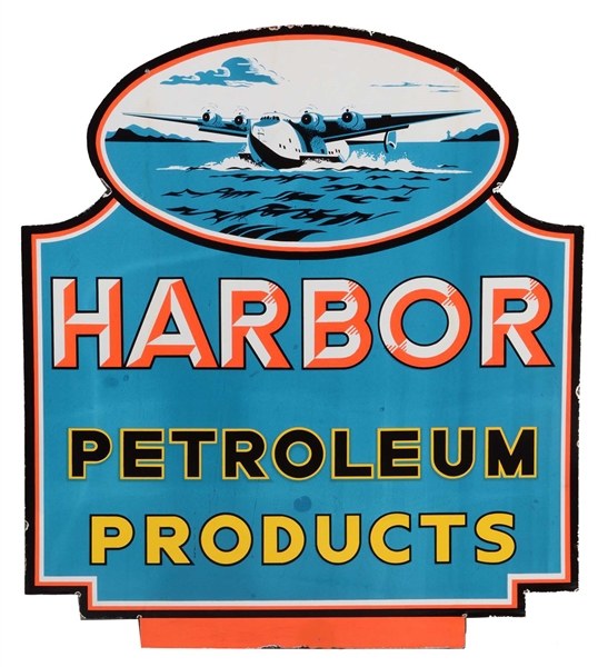 HARBOR PETROLEUM PRODUCTS PORCELAIN SIGN WITH AIRPLANE GRAPHICS.
